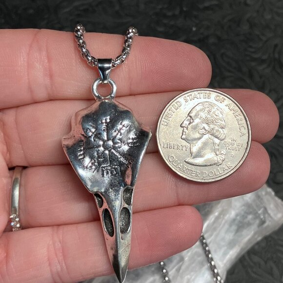 Viking Noridc Raven Skull With Vegvisir Compass Necklace Pendant - Picture 4 of 8